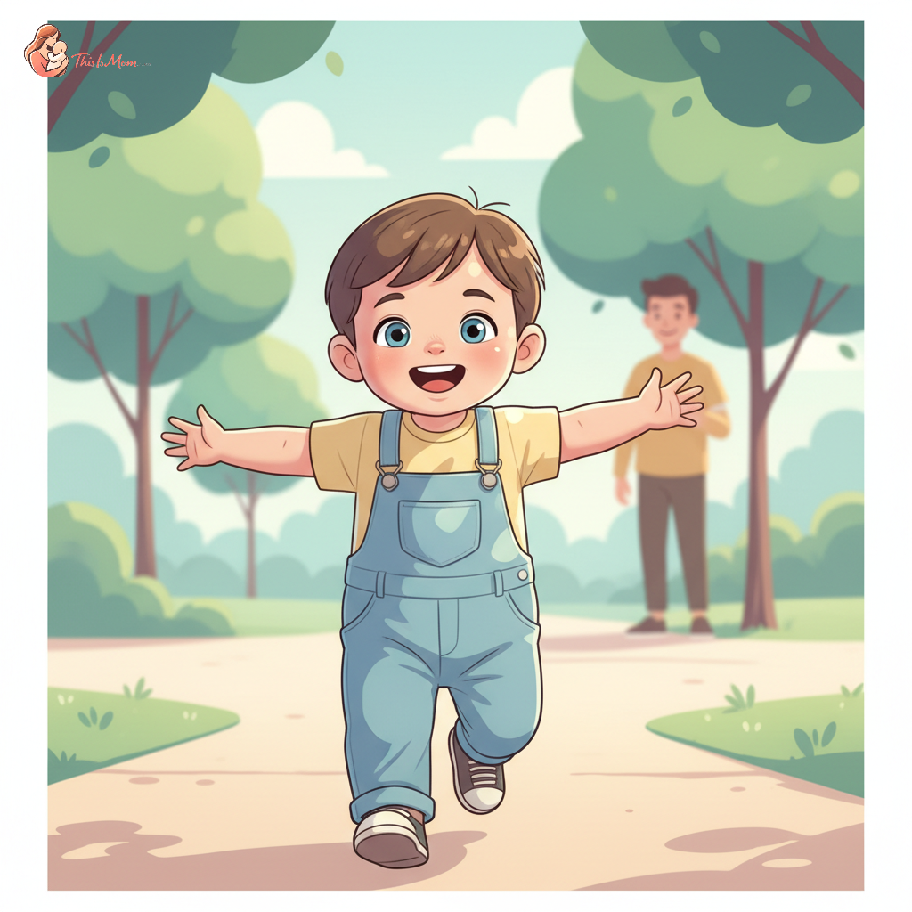 Toddler running happily through a green park with trees in the background, a parent smiling in the distance
