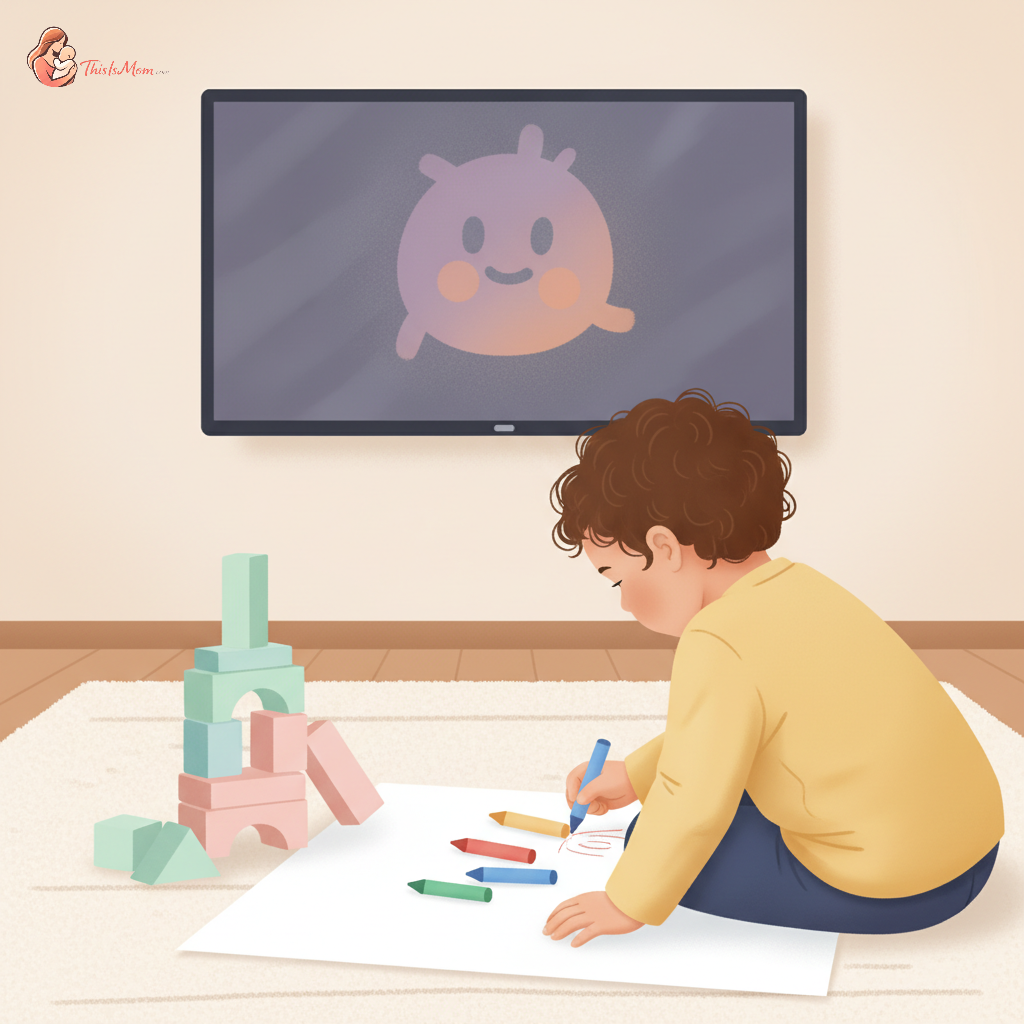 A toddler happily engrossed in drawing with crayons on a paper, sitting on a colorful mat, with a soft, out-of-focus TV screen in the background suggesting a gentle transition.