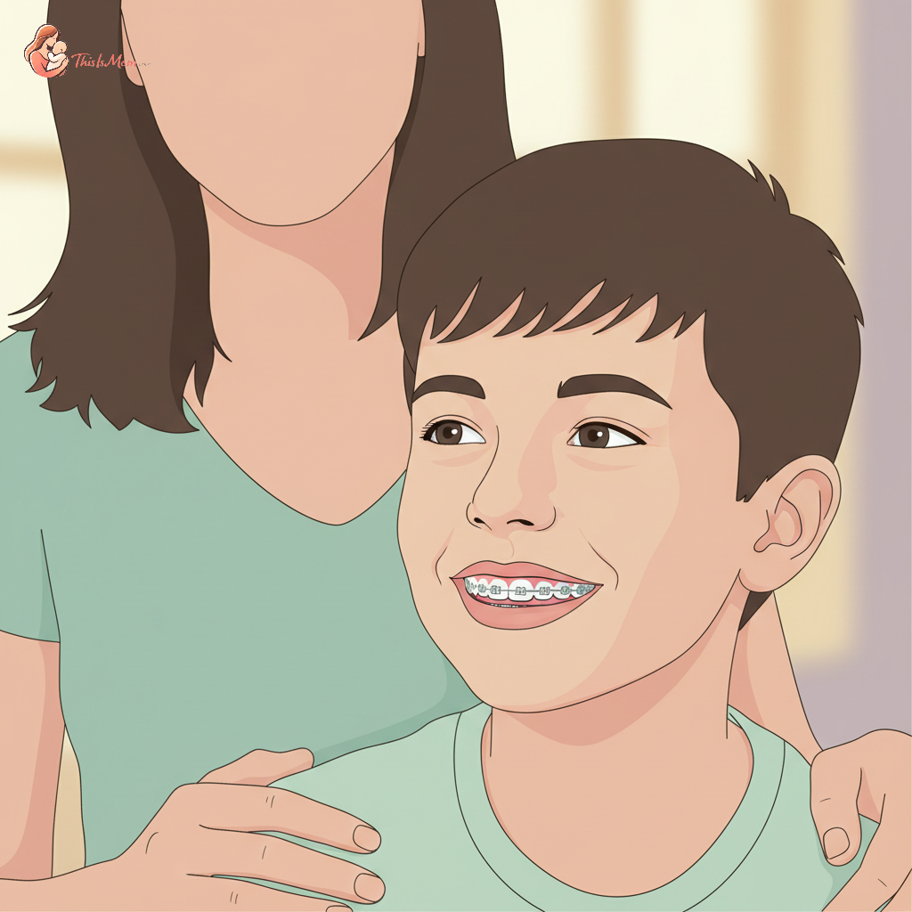 A smiling young child in profile, clearly showing braces, with a parent in soft focus beside them, suggesting support and care.