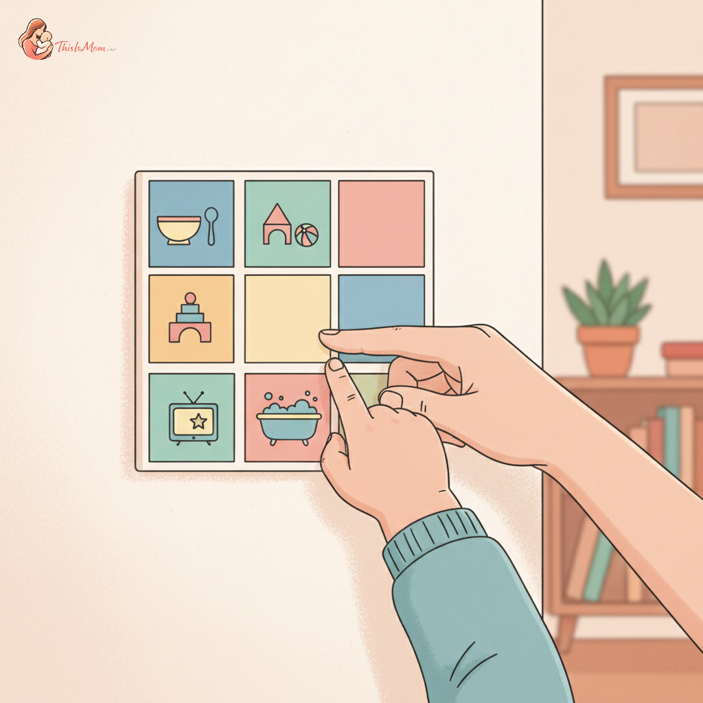 A colorful visual schedule chart with picture icons, including one for screen time, being pointed at by a small child's finger with a parent's hand guiding it.