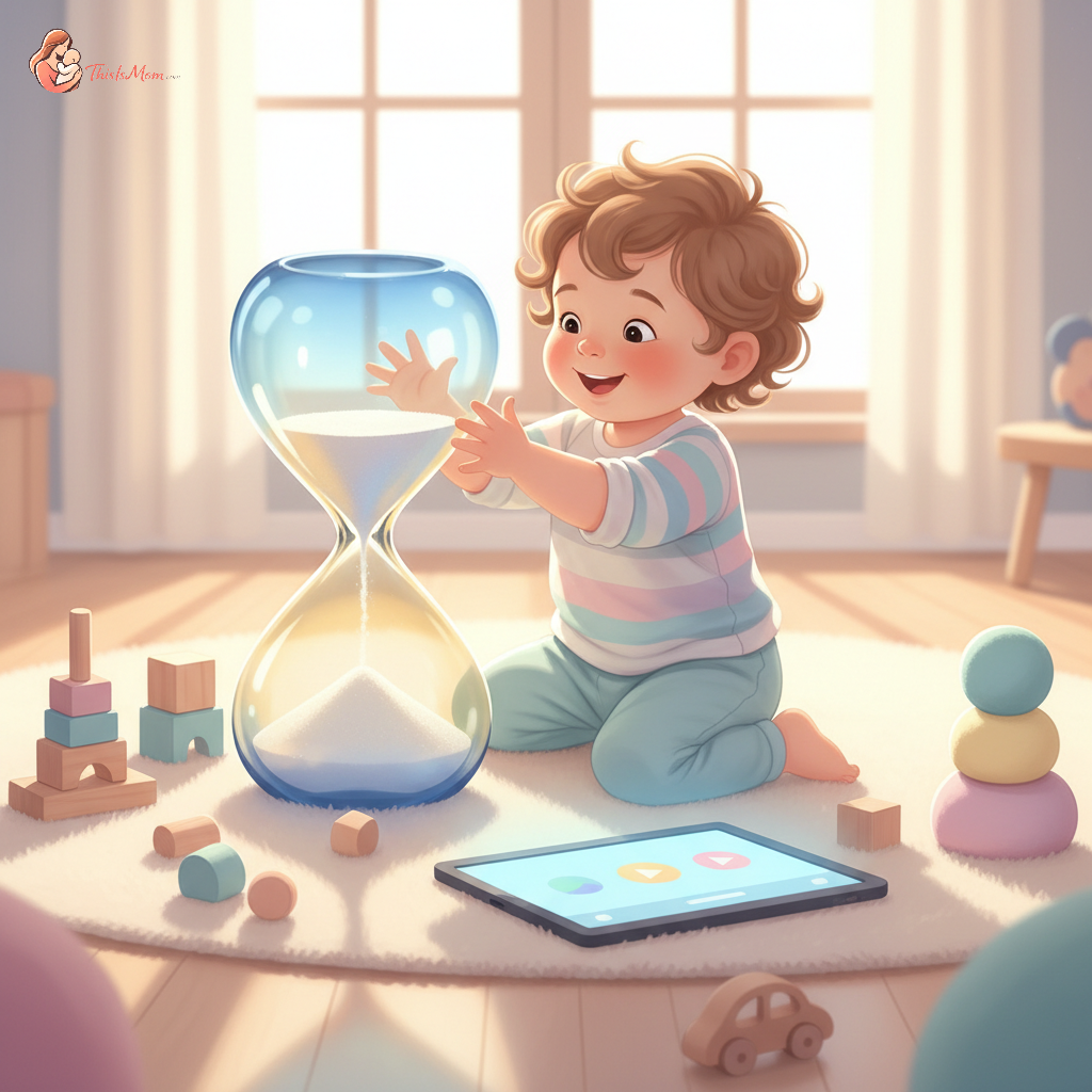 A toddler happily playing with a colorful sand timer next to a tablet, smiling and engaged, with soft, natural light filtering in.
