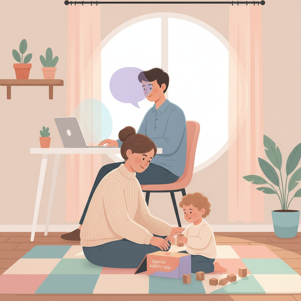A parent gently directing a toddler playing with colorful blocks on a rug, while their partner is visible in the background on a laptop during a Zoom call, all in a home office setting.