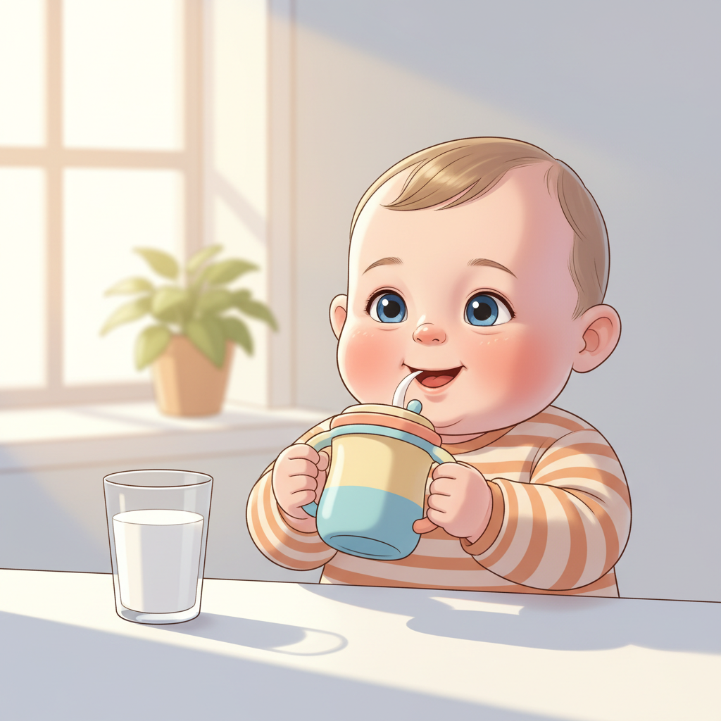A baby happily drinking whole milk from a sippy cup, with a full glass of milk in the background, a warm and gentle atmosphere.