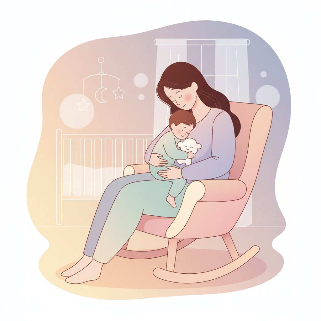 A tired but content mother gently holding her sleeping toddler, who is nestled close with a soft blanket, in a dimly lit, cozy nursery.