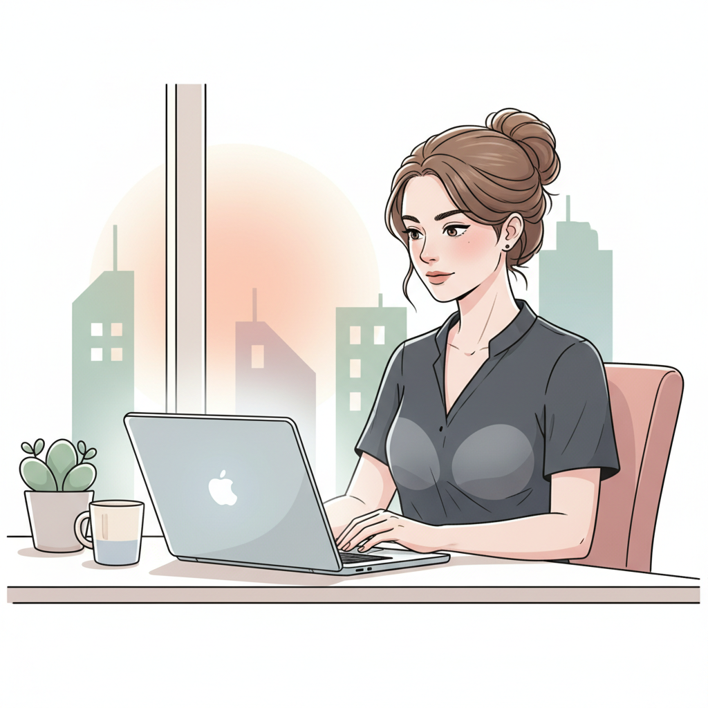 A professional woman subtly using a wearable breast pump while working at a modern office desk, laptop open, with a discreet and calm demeanor.