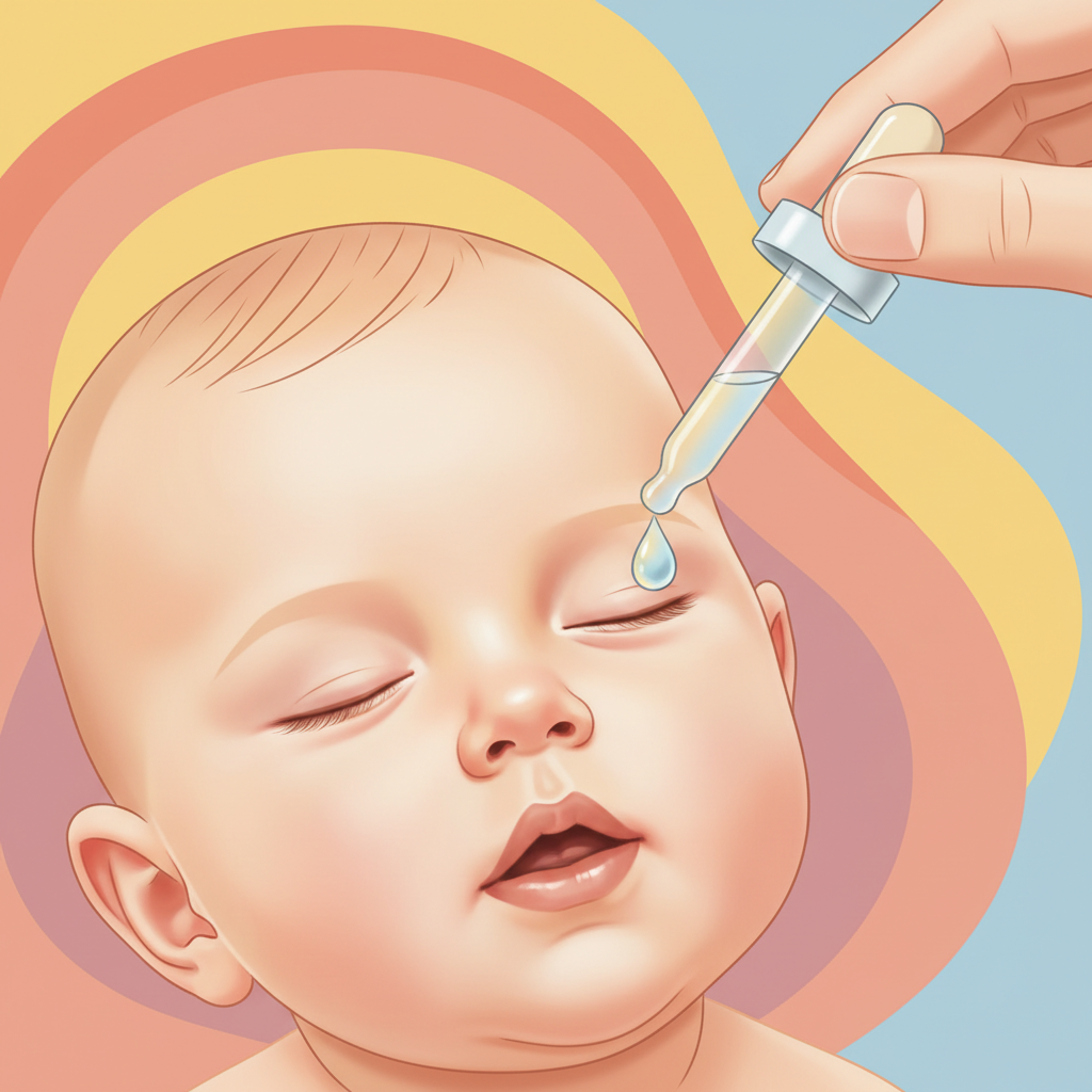 A close-up shot of a baby's face, with a parent's hand gently administering a vitamin D liquid drop from a small dropper into the baby's open mouth.