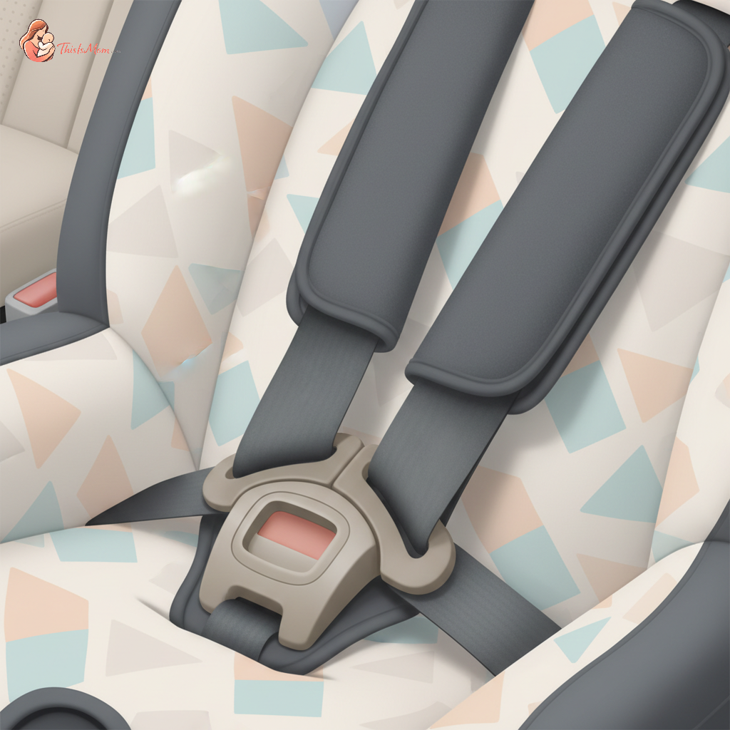 A Graco car seat with its harness straps visible, one strap slightly twisted, illustrating the common problem parents face with car seat safety.