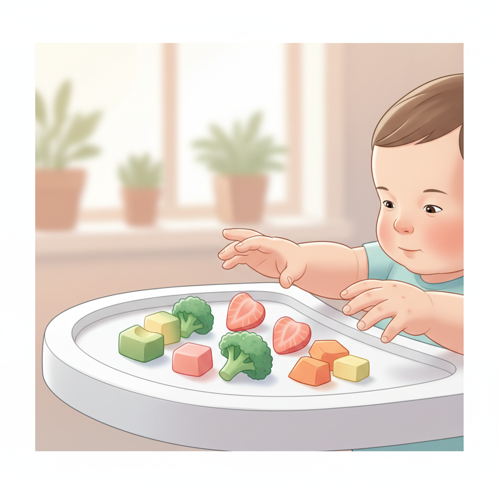 A toddler happily exploring finger foods on a high chair tray, including cheese cubes and edamame