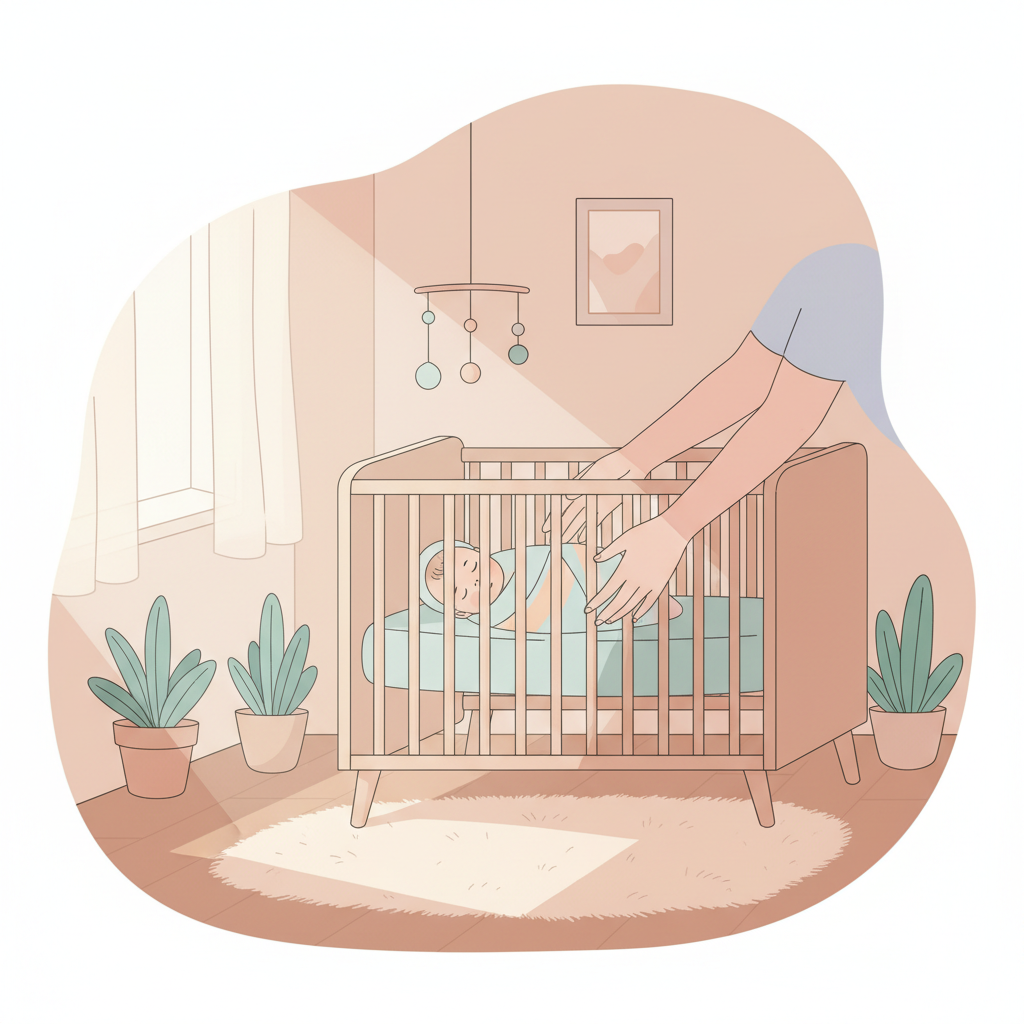 Mother gently placing her sleepy 10-month-old baby into a crib