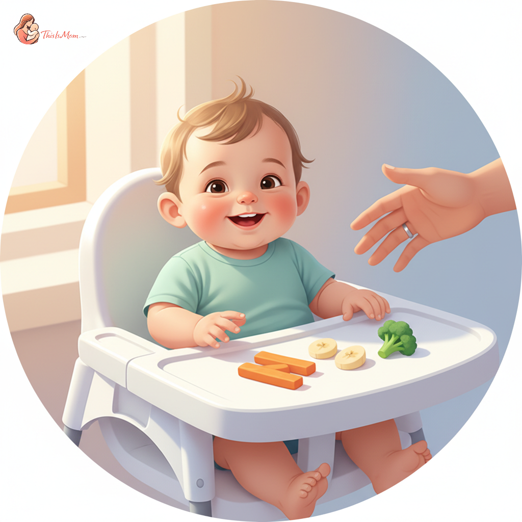 A smiling 10-month-old baby with soft finger foods on their high chair tray, happily exploring pieces of steamed sweet potato or banana, with a parent's hand gently guiding nearby.