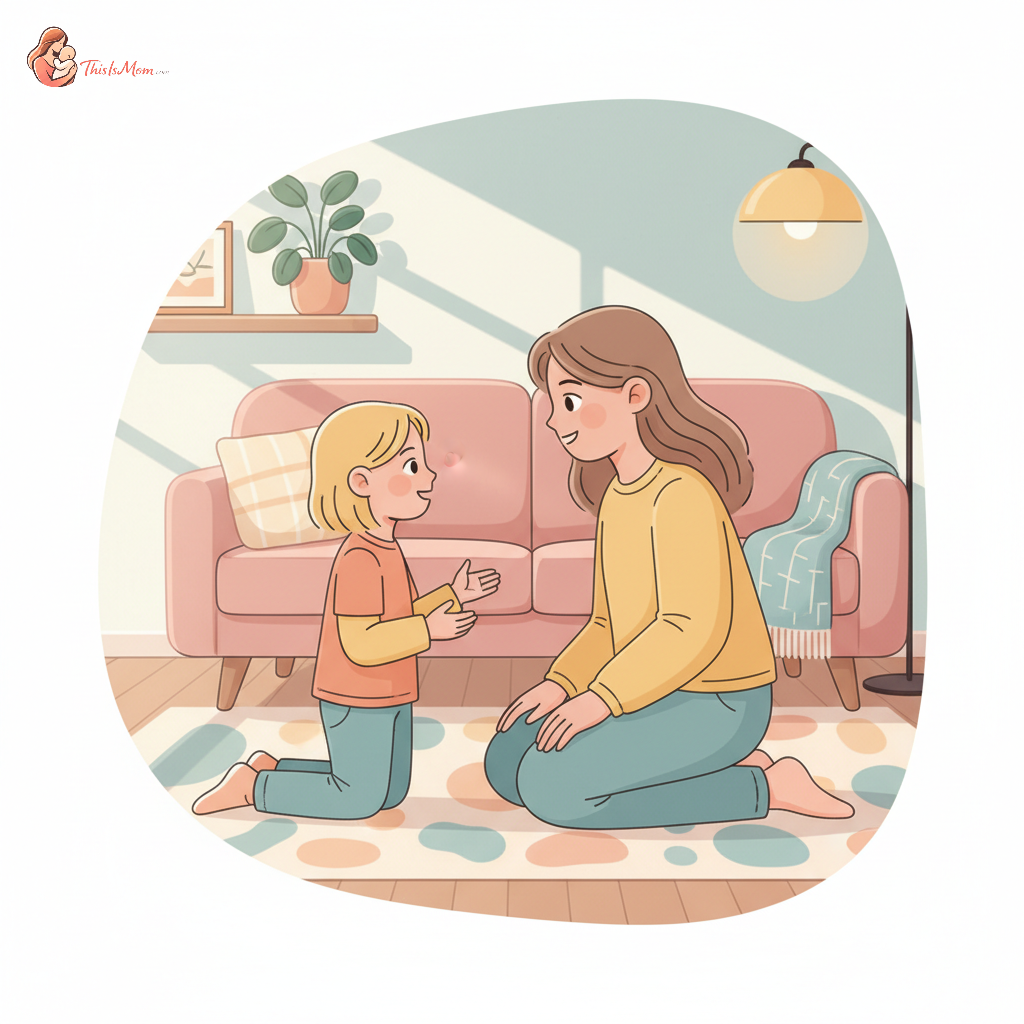 A parent and child sharing a moment of genuine connection, with the parent actively listening to the child. The scene implies understanding and support amidst everyday challenges.
