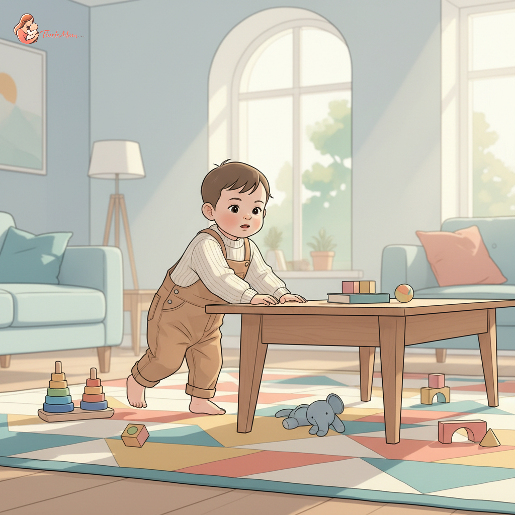 An 18-month-old toddler with a curious expression, holding onto a low, sturdy wooden coffee table and cruising across a soft, colorful rug in a bright living room, with natural light filtering in.