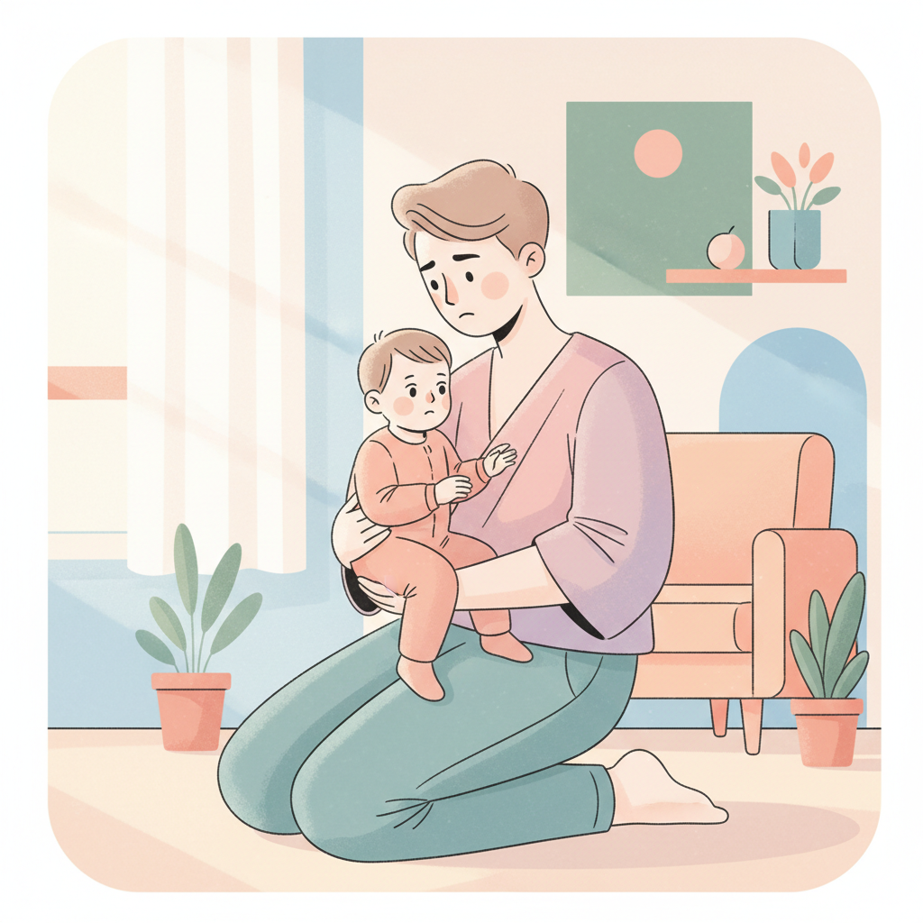 A concerned parent gently holding their 18-month-old child, looking at them thoughtfully.