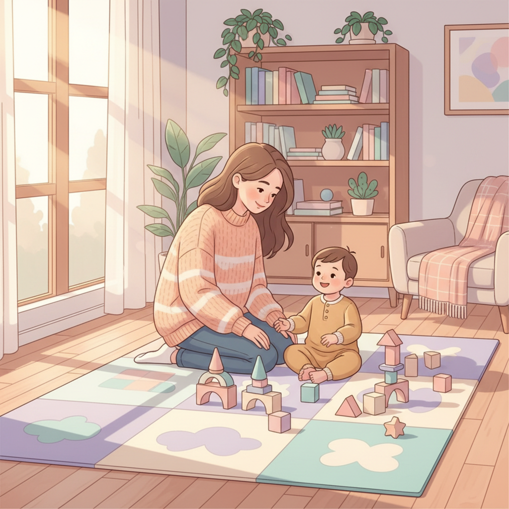 A thoughtful parent looking at their 18-month-old toddler playing with blocks, possibly trying to get their attention or observing their play patterns.