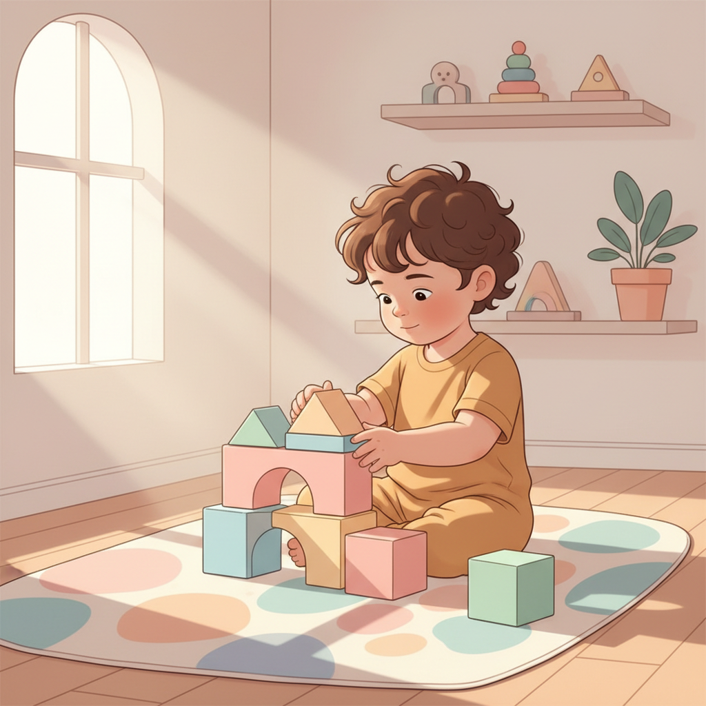 A diverse toddler playing with colorful educational building blocks, focused and engaged, with a parent’s hands gently guiding in the background.
