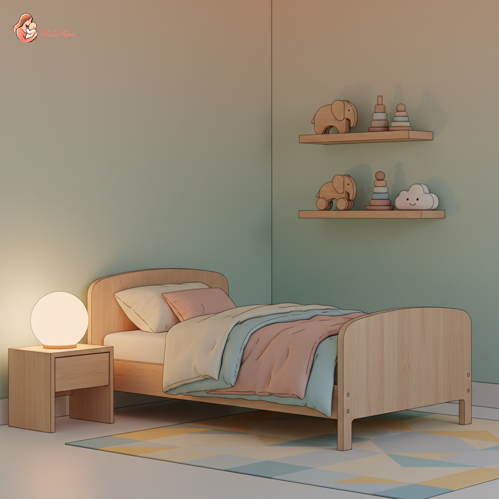 A peaceful toddler's bedroom at night, with a cozy, low-to-the-ground toddler bed, a soft nightlight, and a small, quiet toy on a shelf, symbolizing a safe and inviting sleep environment.