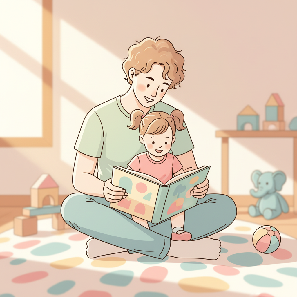 A parent and their 2.5-year-old child sitting on a colorful rug, looking at a picture book together and pointing at an illustration. The parent is smiling gently at the child.