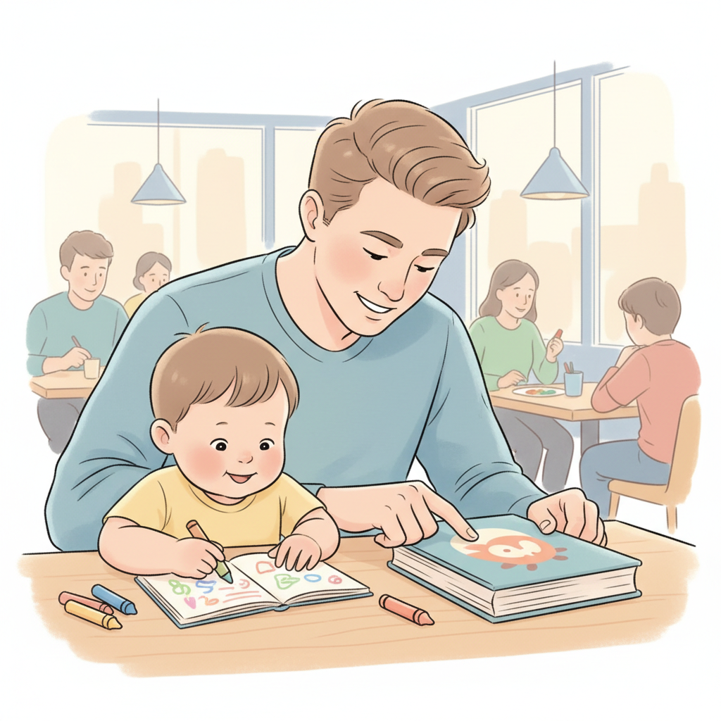 Parent engaging with their 3-year-old at a restaurant table, using crayons and a small book instead of a tablet. The child looks engaged and happy.