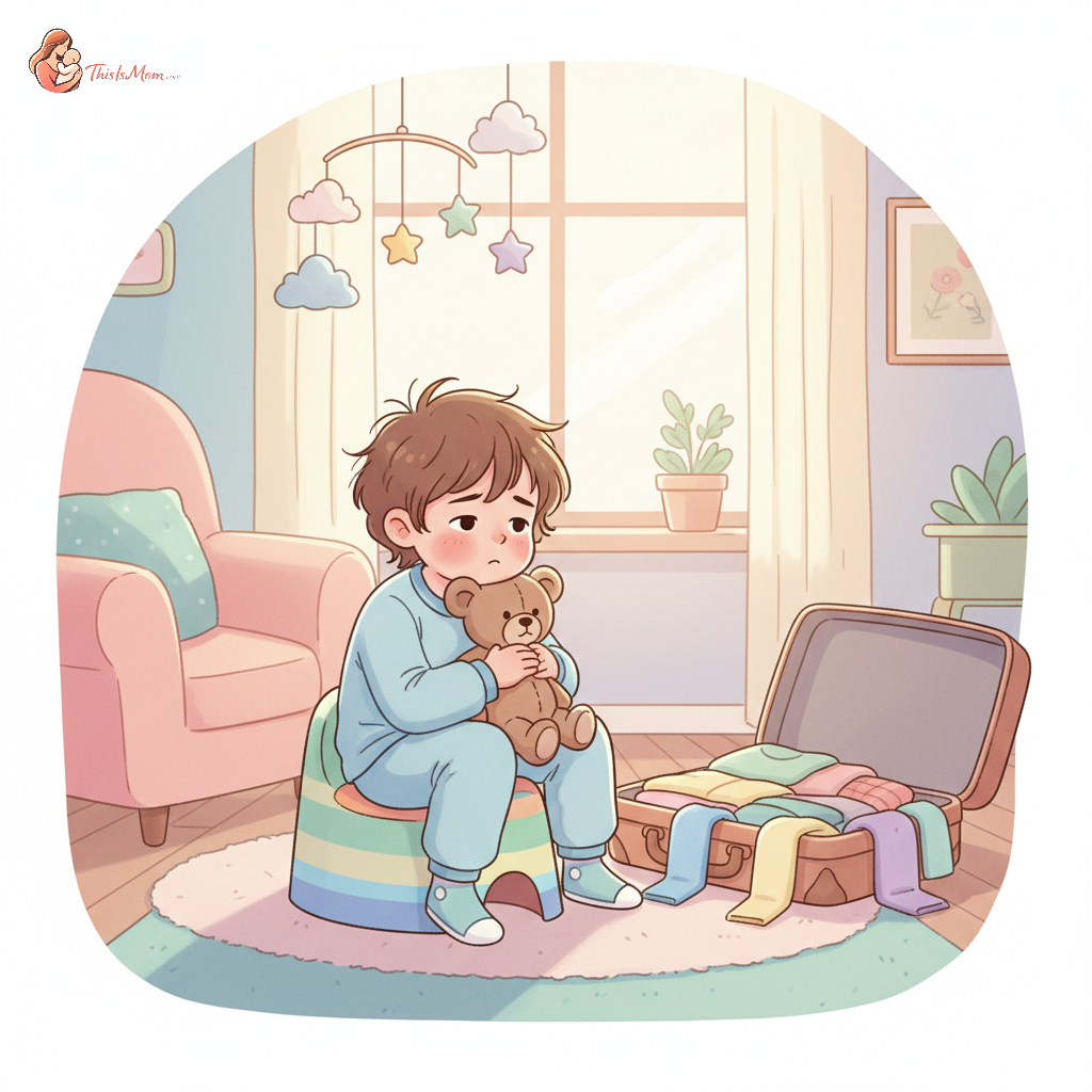 A sad-looking 3-year-old child sitting on a small potty chair, holding a stuffed animal, with a packed suitcase visible in the background, hinting at recent travel.