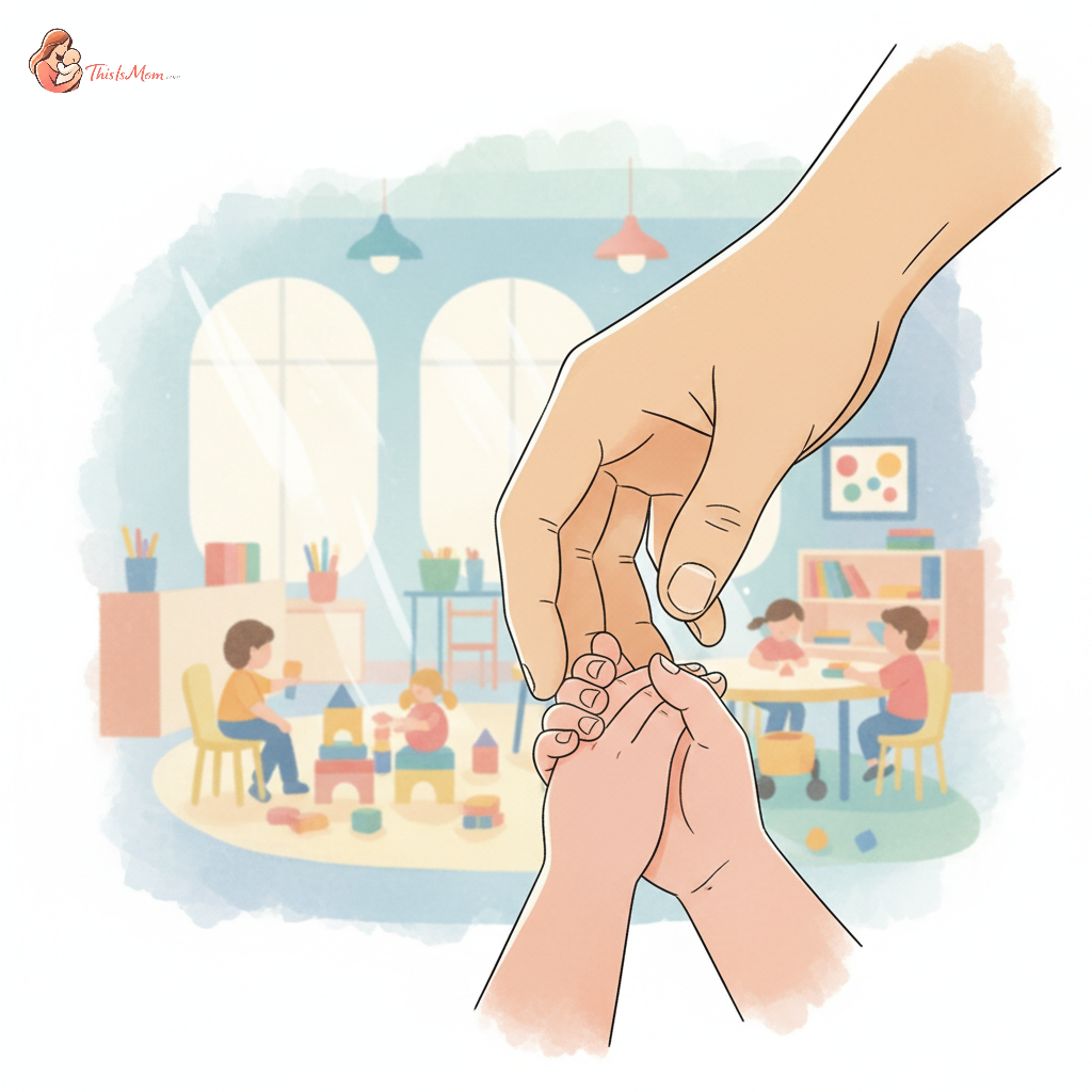 A close-up of a concerned parent's hands gently holding a small child's hands, with a blurry background of a daycare setting.