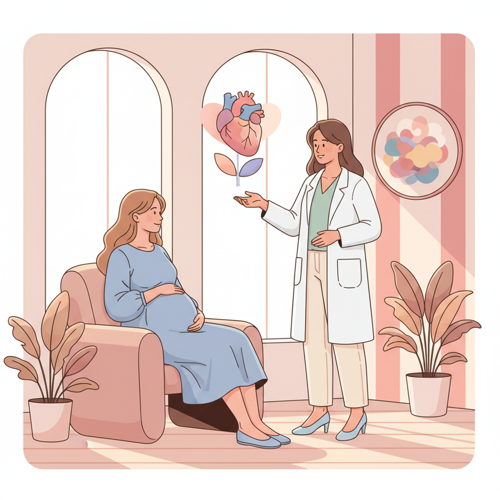 A pregnant woman discusses her birth plan with her healthcare provider in a medical office.