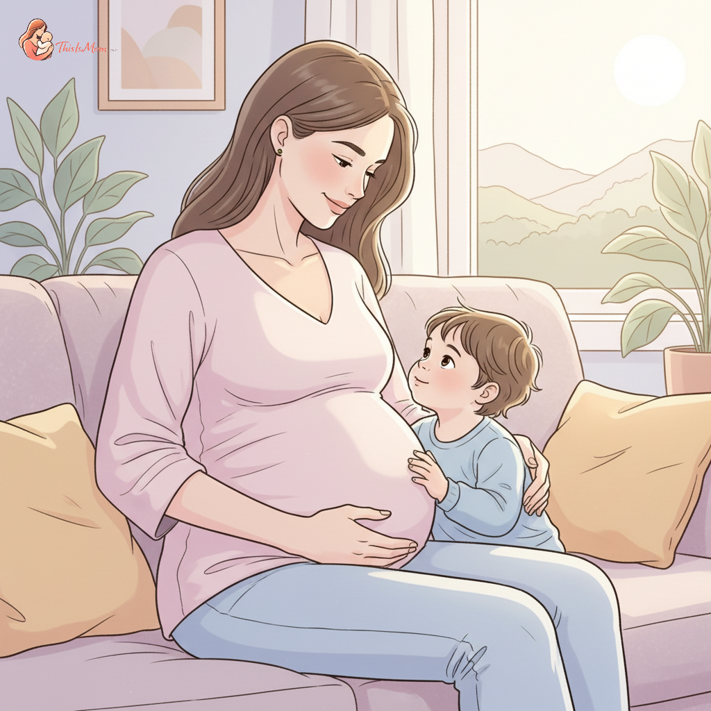 A visibly pregnant woman in her third trimester (around 36 weeks) with a toddler, both smiling and looking at her bump, conveying warmth and readiness for the new baby.