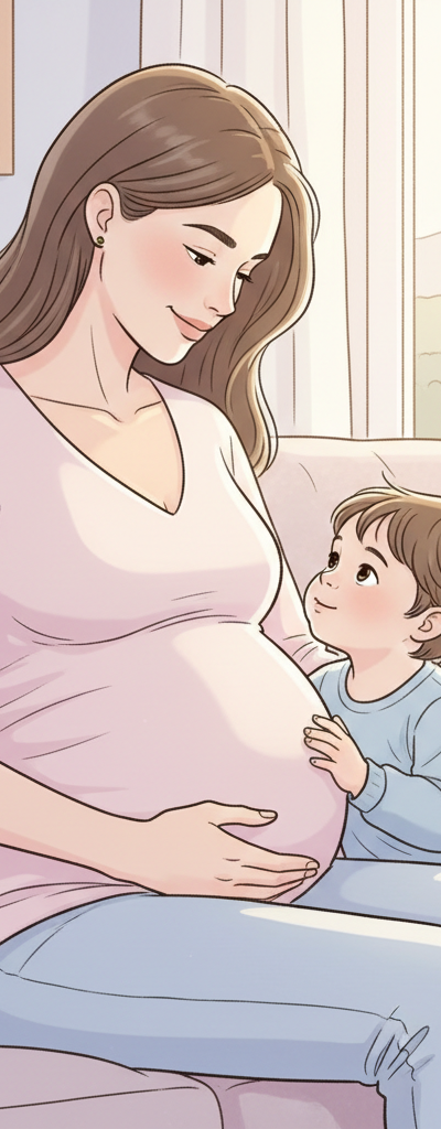 A visibly pregnant woman in her third trimester (around 36 weeks) with a toddler, both smiling and looking at her bump, conveying warmth and readiness for the new baby.