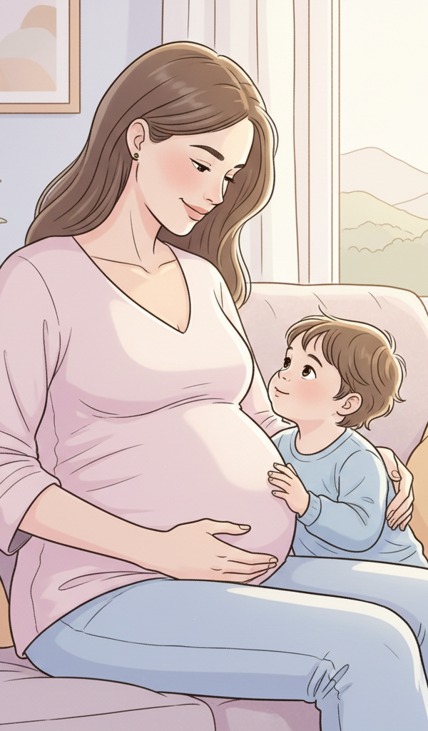 A visibly pregnant woman in her third trimester (around 36 weeks) with a toddler, both smiling and looking at her bump, conveying warmth and readiness for the new baby.