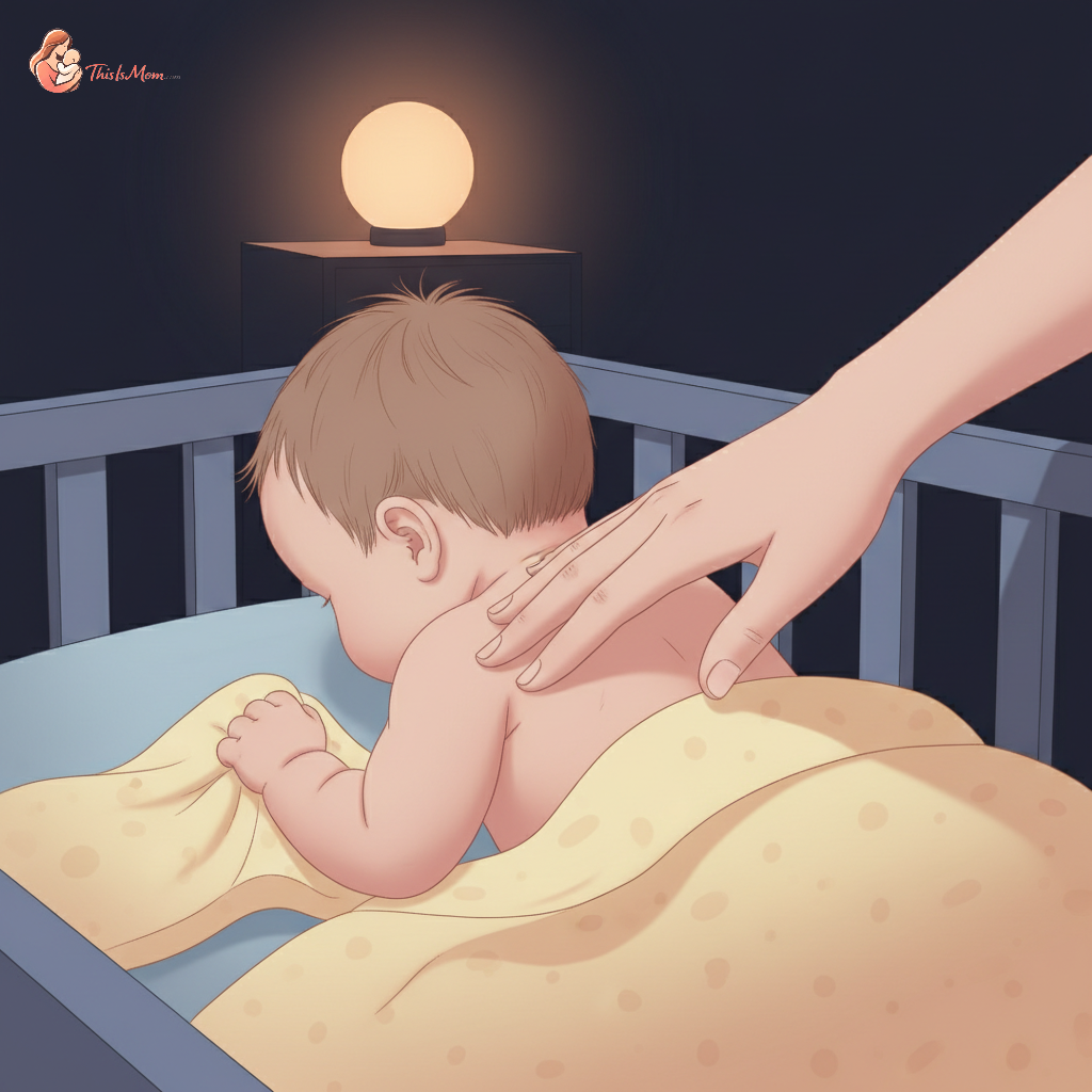 Exhausted parent gently comforting a fussy 8-month-old baby in a dimly lit nursery, with a soft nightlight glowing and crib visible in the background.