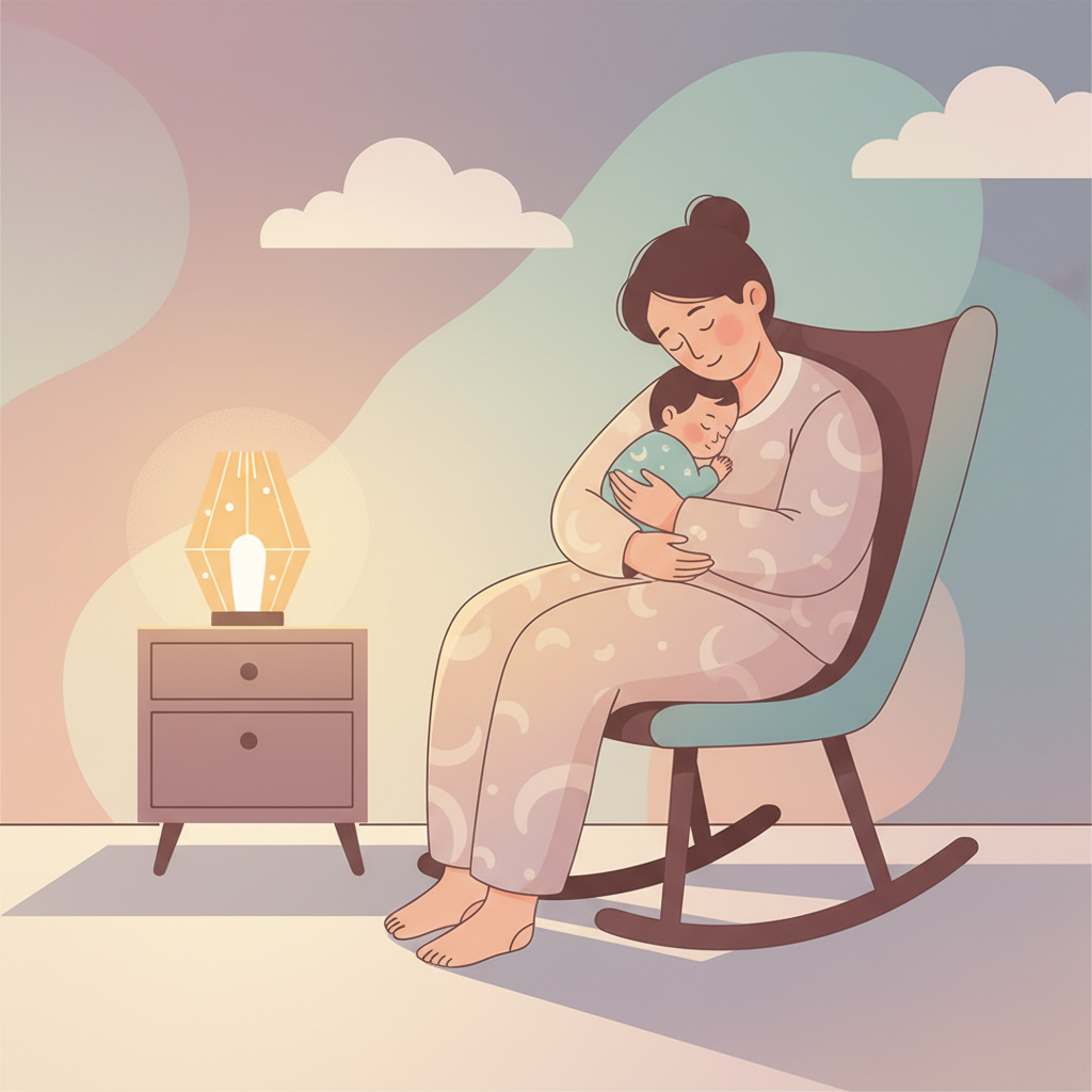 A tired parent gently rocking a fussy baby in a dimly lit nursery at night.