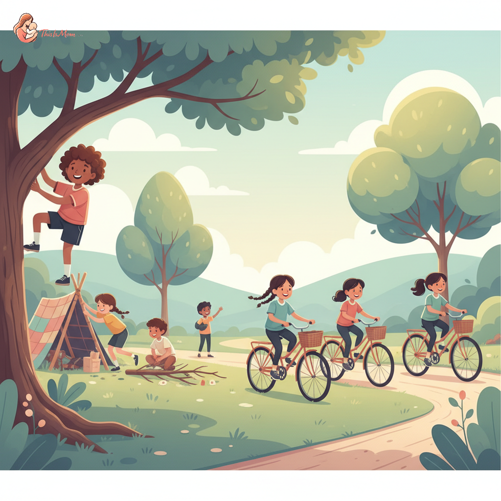 A diverse group of cheerful children, aged 7-10, playing freely and imaginatively outdoors in a sunny park with green grass and trees in the background. One child is climbing a small, safe tree, another is building a fort with branches, and others are riding vintage-style bikes with visible smiles, embodying '90s uninhibited play.
