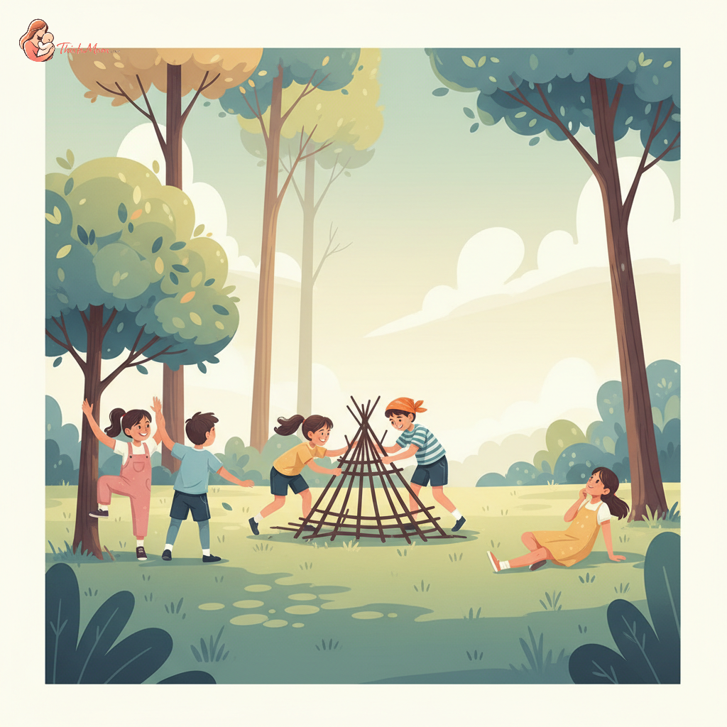 A diverse group of children playing freely outside in a sunny park, some climbing a small tree, others building something with sticks and leaves, and one looking up at the sky, with an atmosphere of playful independence.