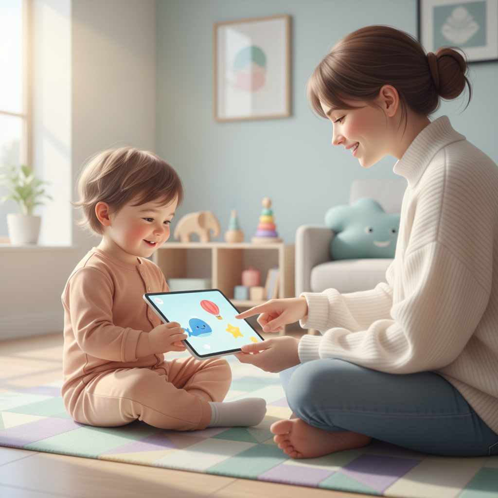A toddler, around 2-3 years old, sitting comfortably on a colorful rug in a bright living room, looking at a tablet or TV screen with a parent sitting beside them, gently pointing at the screen and smiling. The atmosphere is calm and engaged.