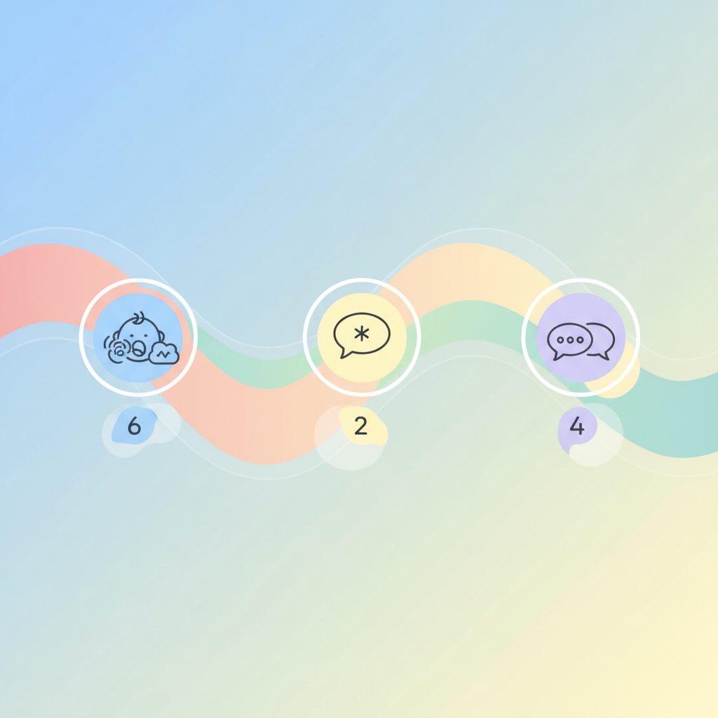 An infographic showing a timeline of a child's speech development milestones with key ages highlighted, featuring icons for babbling, first words, and two-word phrases, set against a soft, encouraging background.