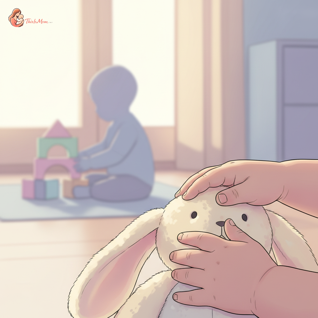 A toddler gently touching a teddy bear, while a blurred sibling plays happily in the background. The scene suggests calm and positive interaction.