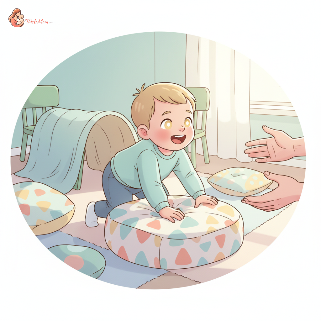 A happy 2-year-old toddler navigating a simple indoor obstacle course made from pillows and cushions, laughing as they crawl over a soft obstacle with a parent or caregiver gently supervising nearby.