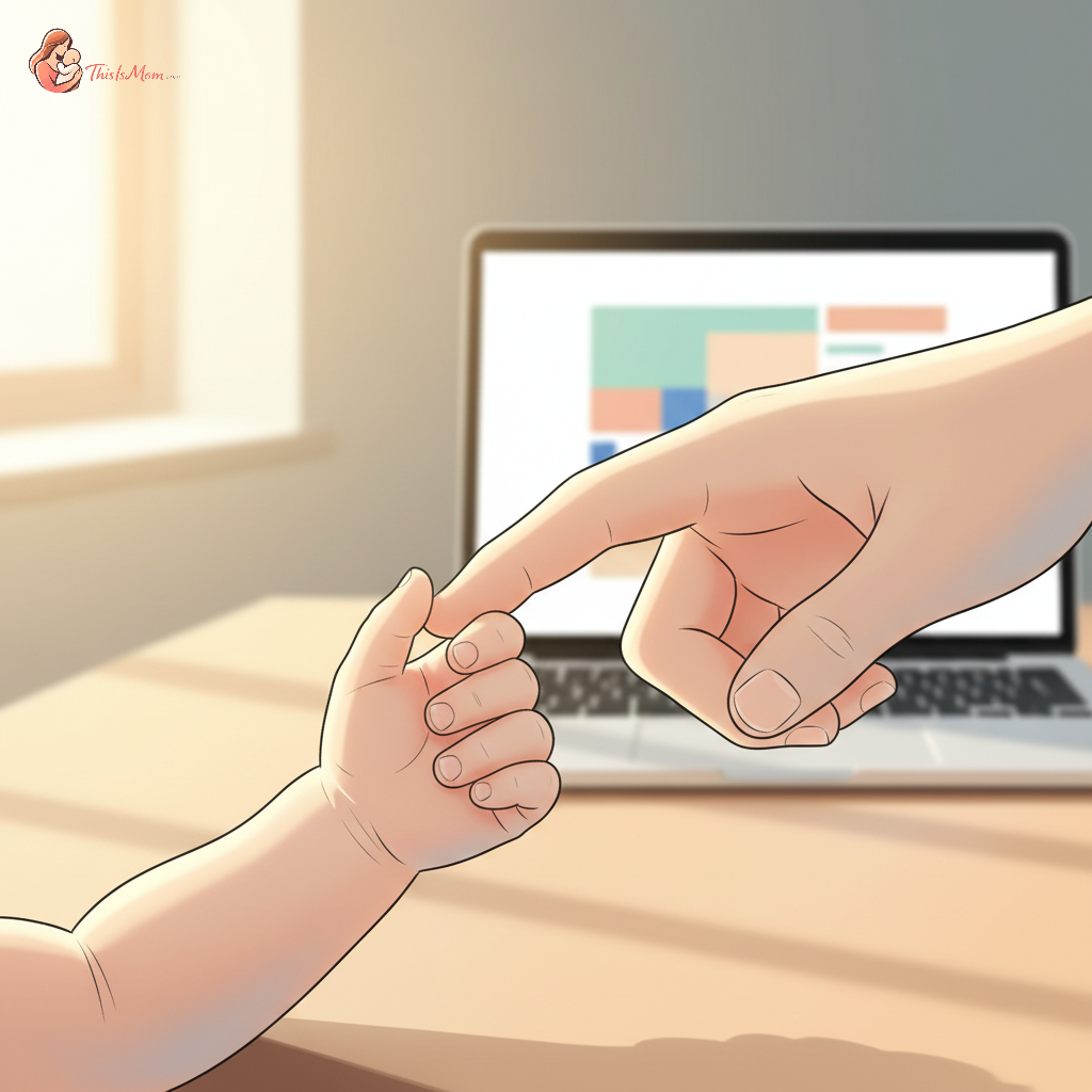 A close-up of a baby's tiny hand holding an adult's finger, with a blurred backdrop of an open laptop showing insurance forms.
