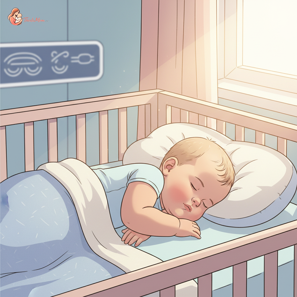 A peaceful baby sleeping soundly in a crib with a digital clock in soft focus in the background, showing a time change.