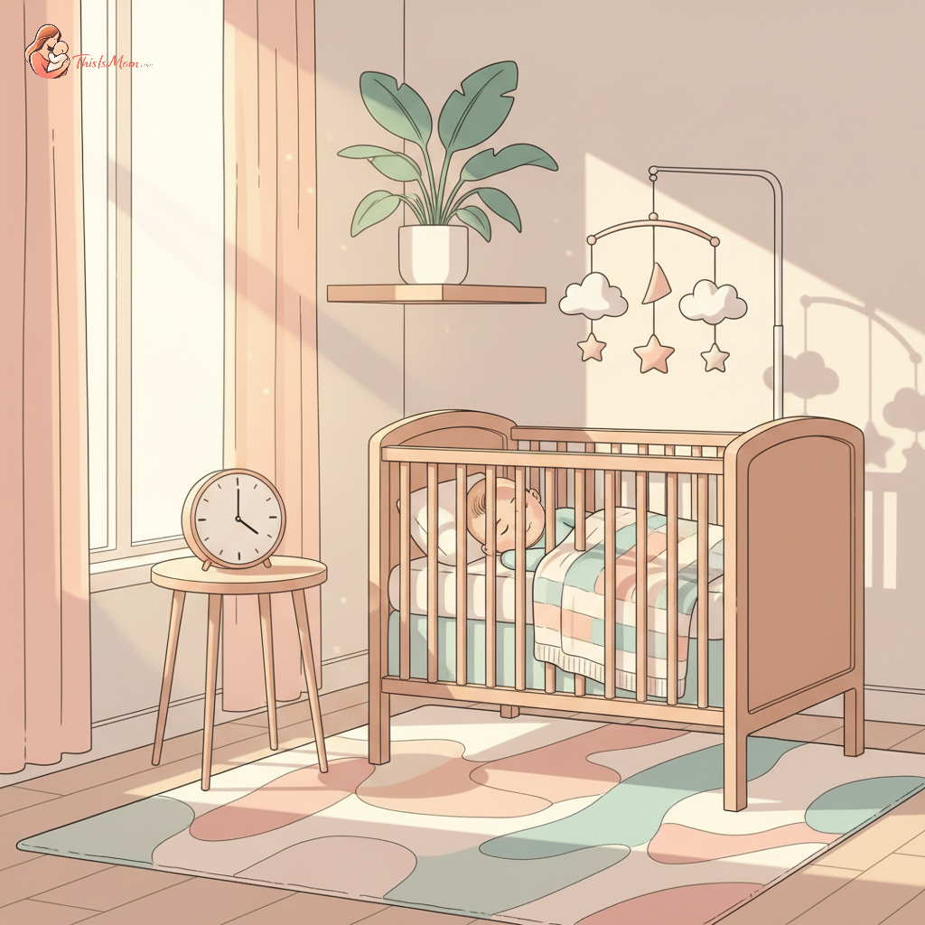 A peaceful baby sleeping soundly in a crib with warm, soft lighting, and a small, analog clock in the background, subtly indicating a time change.