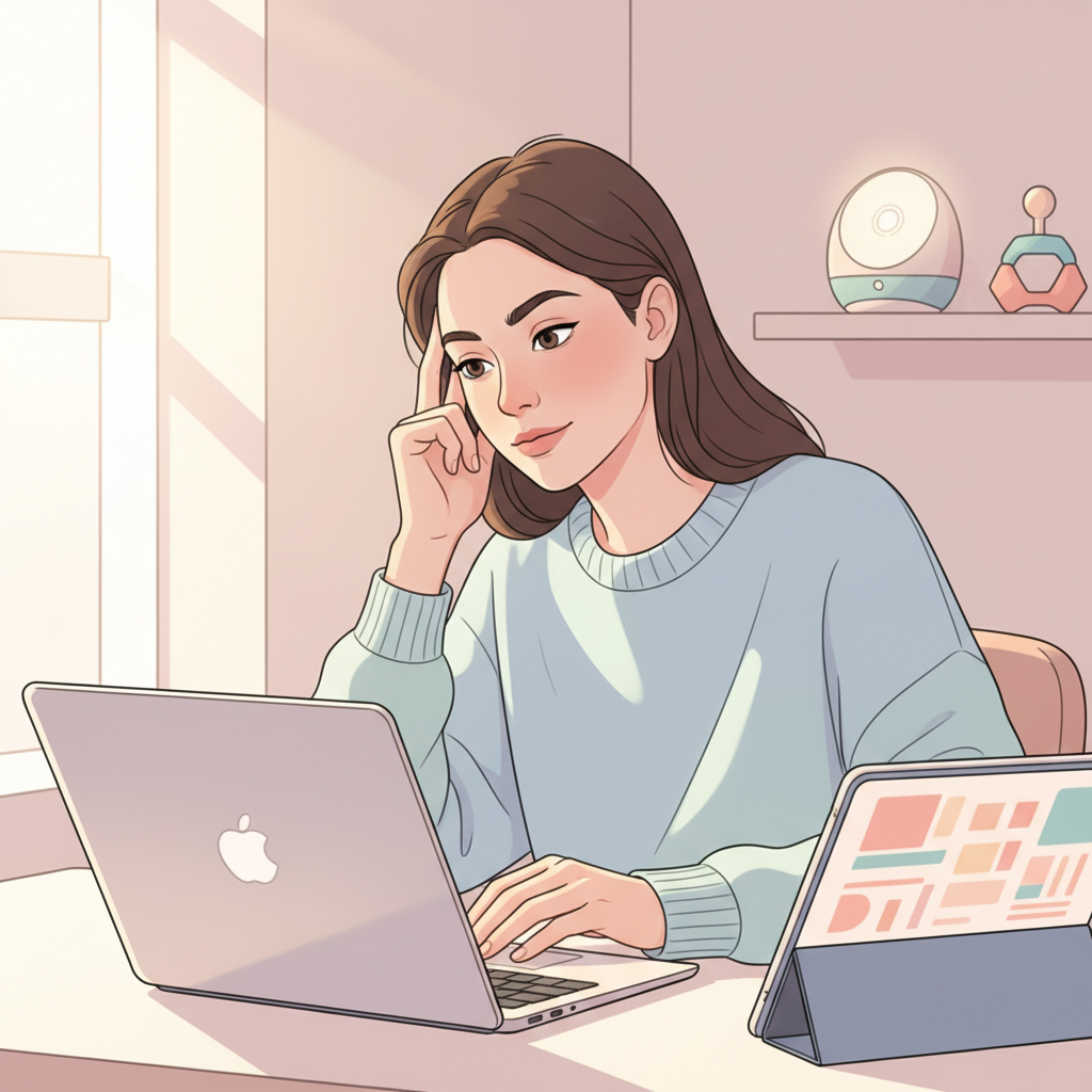 A tired but determined new mother discreetly rubbing her eyes at a desk, a laptop open in front of her, with a subtle hint of baby items like a toy or baby monitor in the soft-focus background.