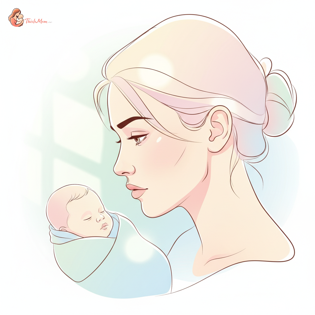 A new mother, appearing calm but perhaps a little tired, sitting in a doctor's waiting room with her baby in a car seat beside her. She is looking slightly off-camera with a thoughtful expression.