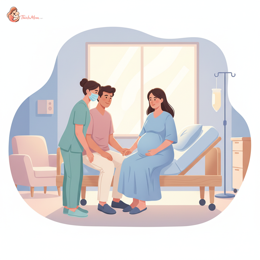 Pregnant person in a hospital gown, looking calm and empowered, with a partner by their side, interacting respectfully with a medical professional in a modern hospital delivery room.