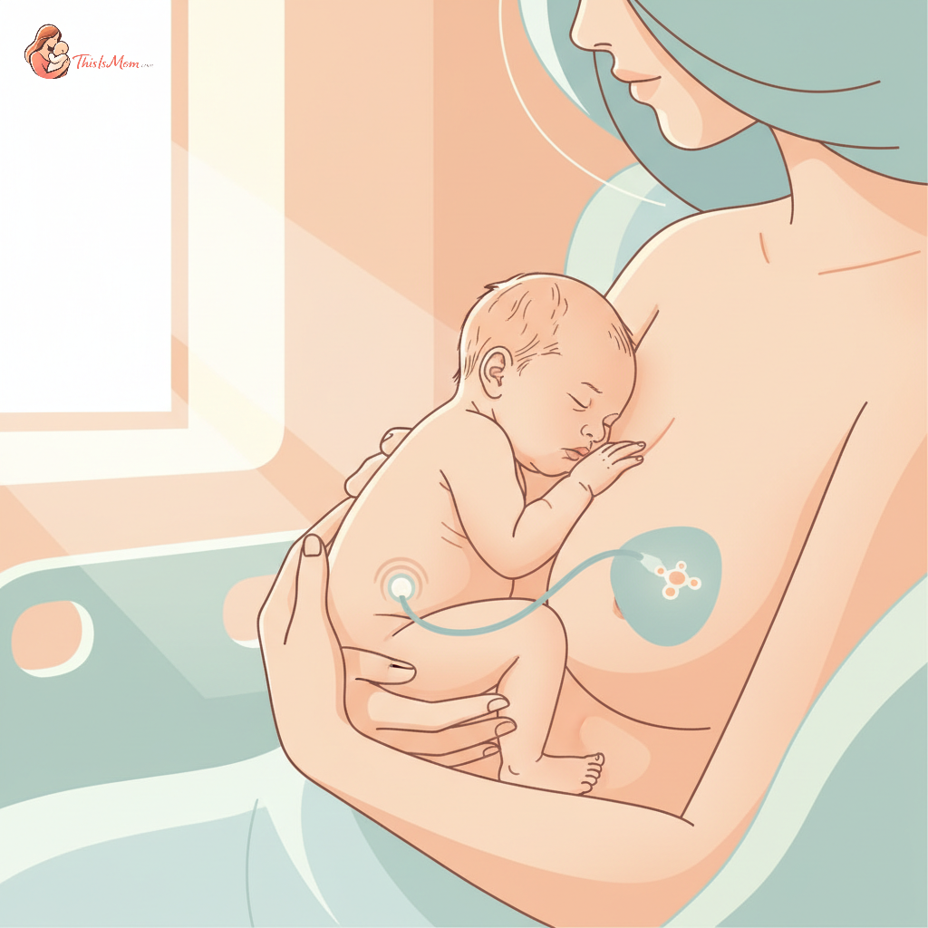 Newborn baby gently held by parents, umbilical cord still attached and pulsating, in a warm, soft hospital birthing room environment.
