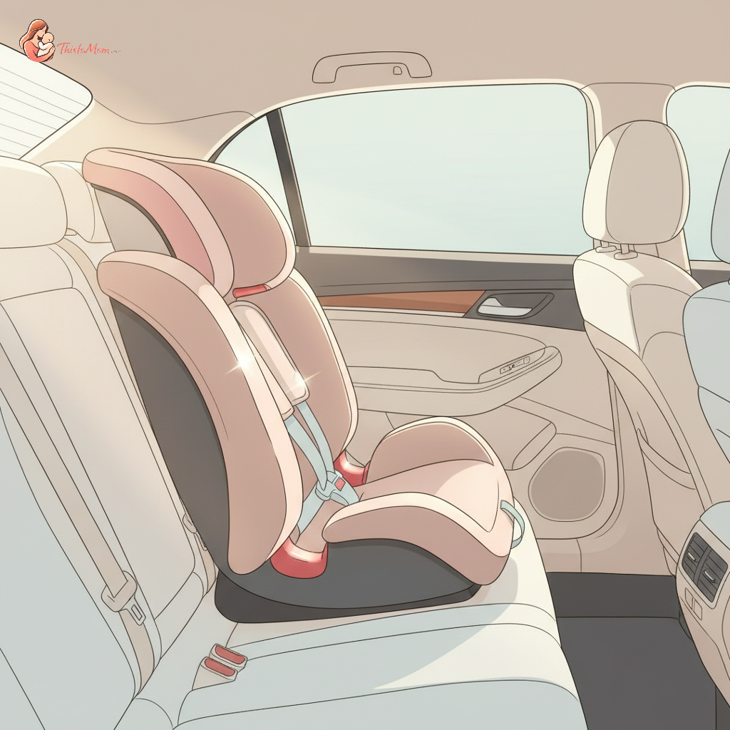 A beige car seat securely installed in the back seat of a car, with a gentle sunbeam highlighting its straps, implying safety and affordability for a grandparent's vehicle.