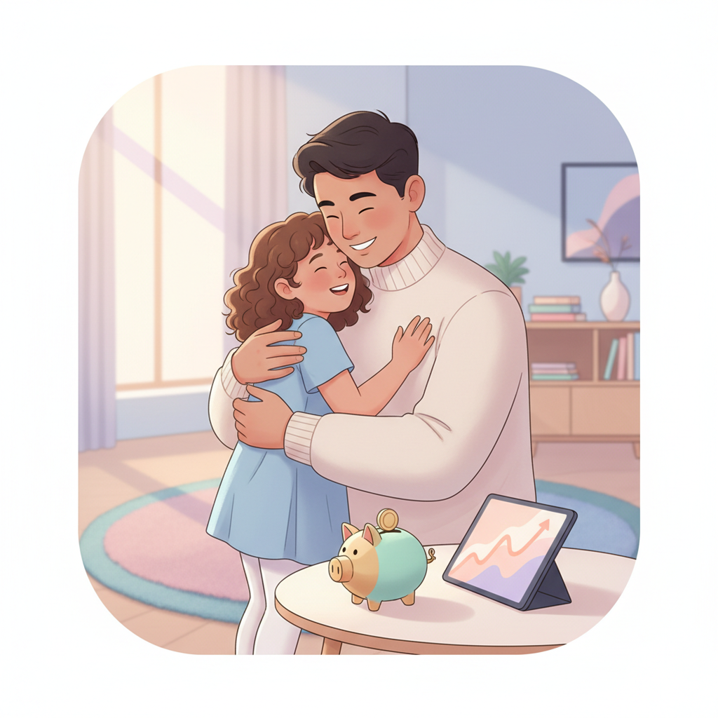 A single parent smiling and embracing their child in a warm, inviting living room, with a subtle outline of a financial chart or piggy bank in the background, symbolizing financial stability and family well-being.