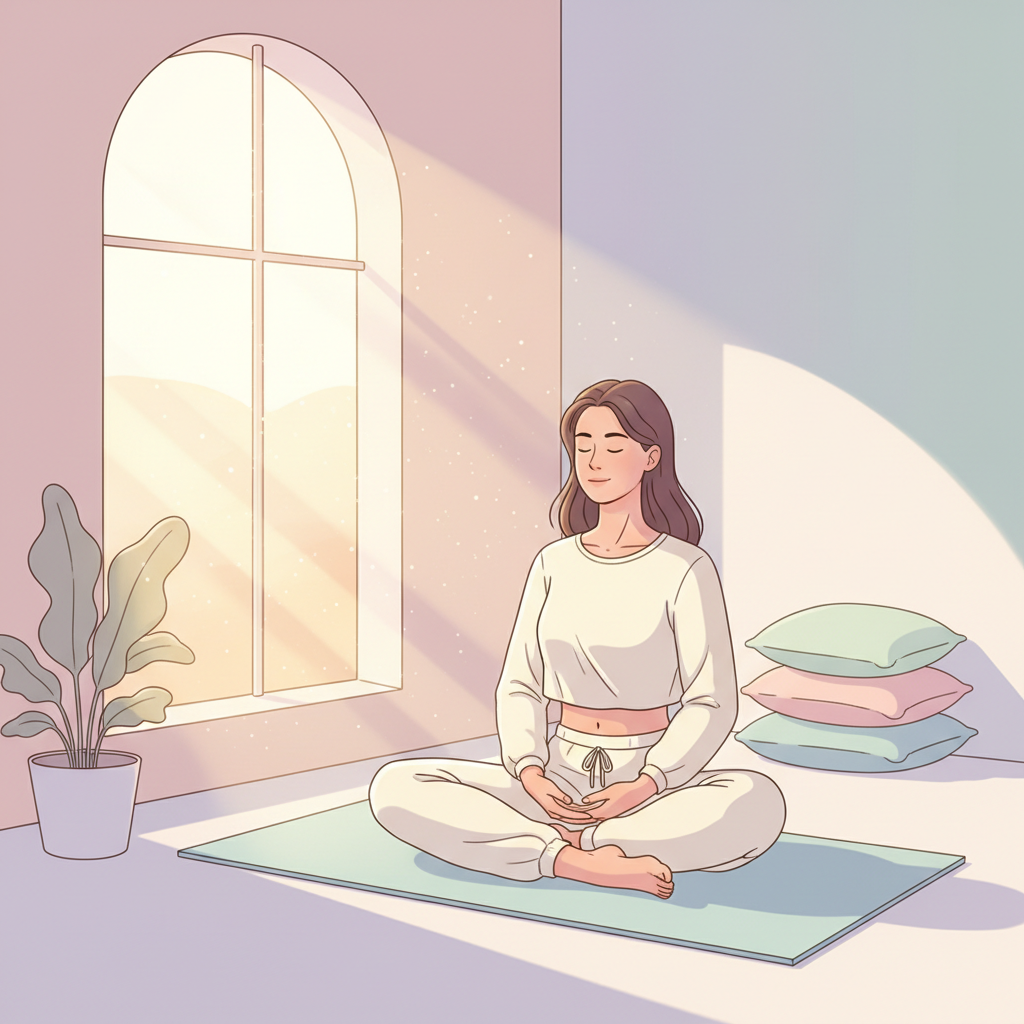 Woman performing gentle pelvic floor exercises at home