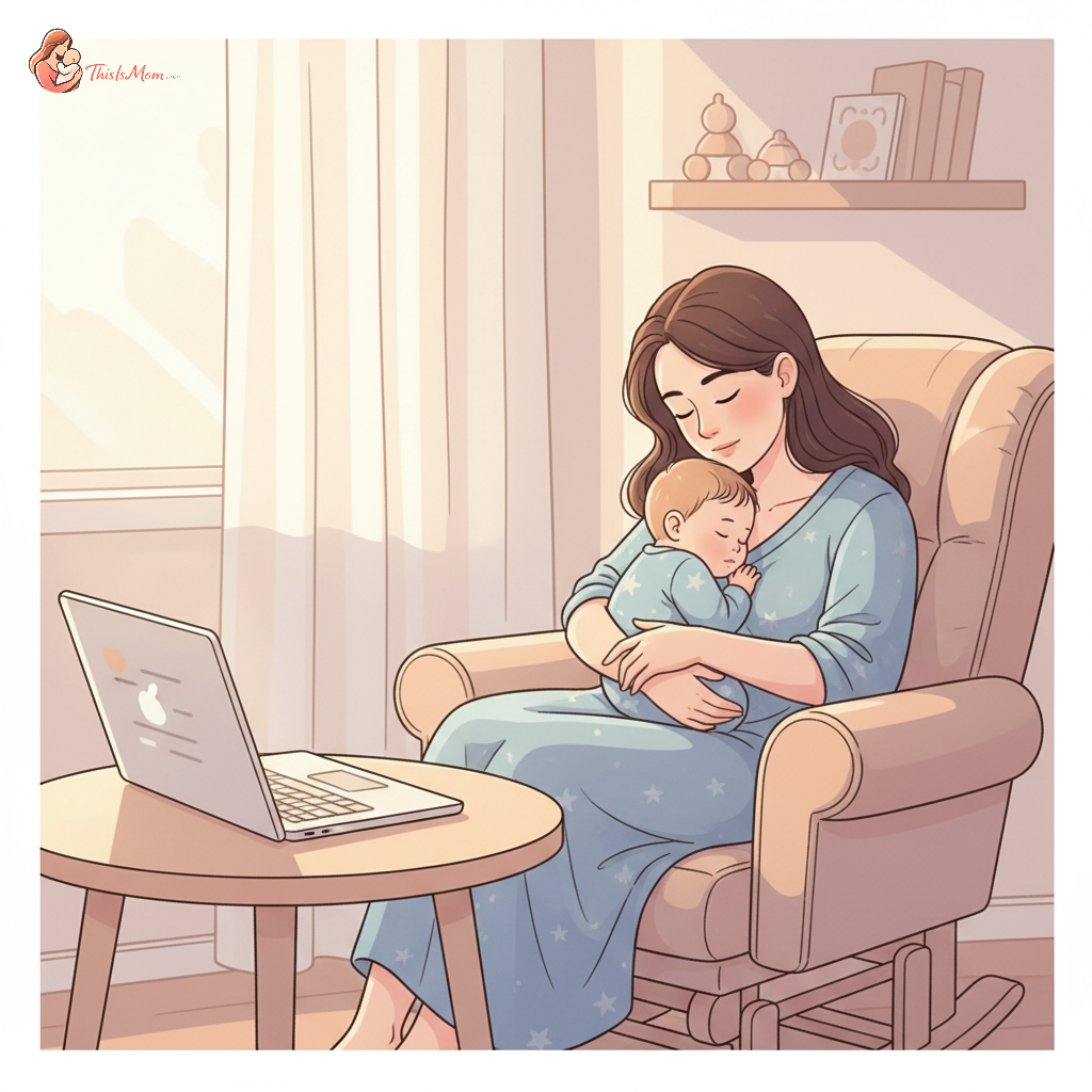 A tired but hopeful new mother holding her sleeping baby, looking at resources on a laptop, with a warm, supportive atmosphere.
