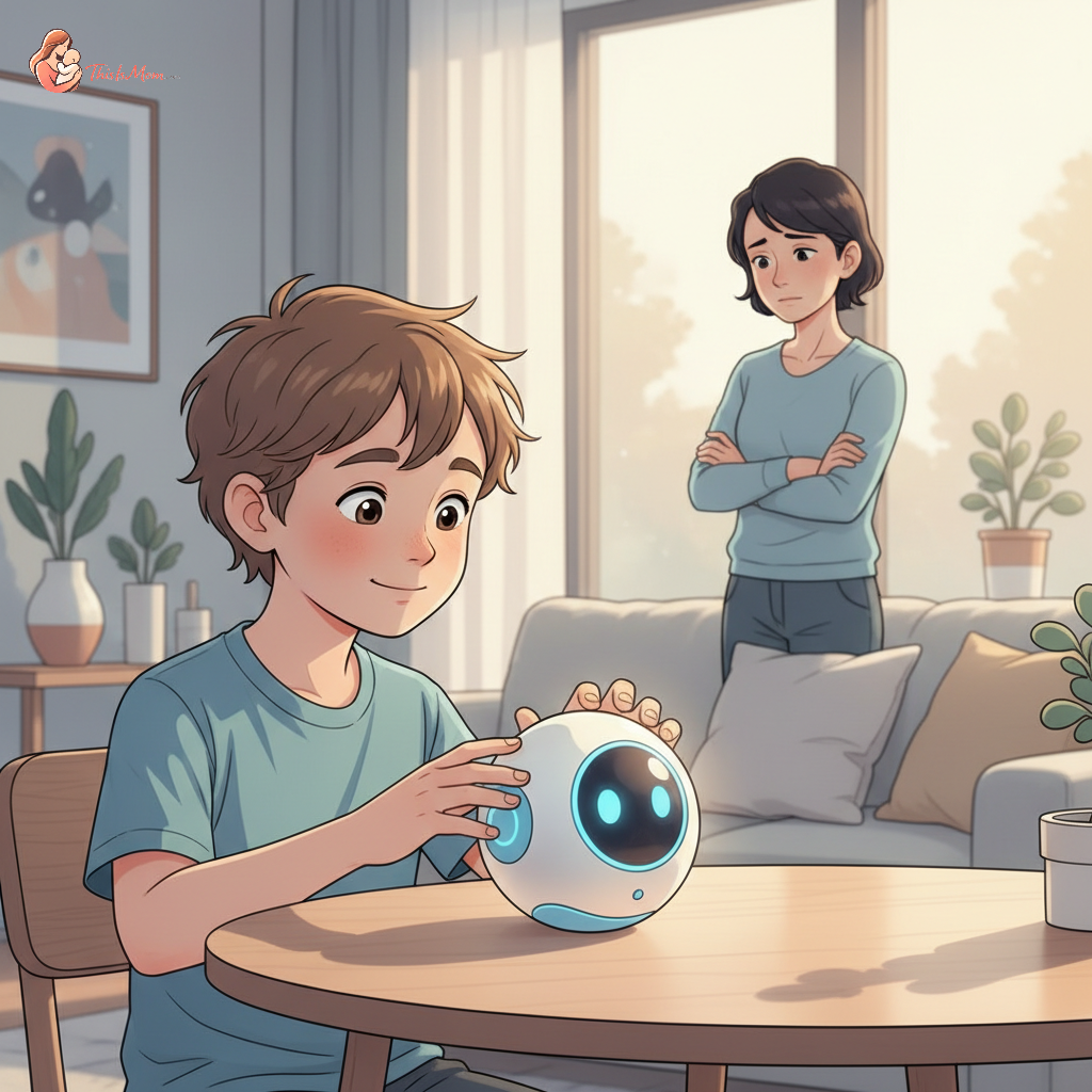 A concerned parent standing subtly behind their child, who is interacting with a friendly-looking, small robot on a table in a modern living room.