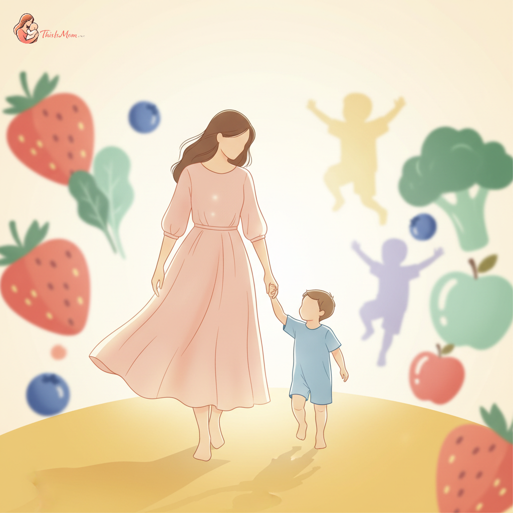 A thoughtful mother holding her child's hand, looking towards a path of healthy eating, with symbolic elements of balanced food and positive body image in the background.