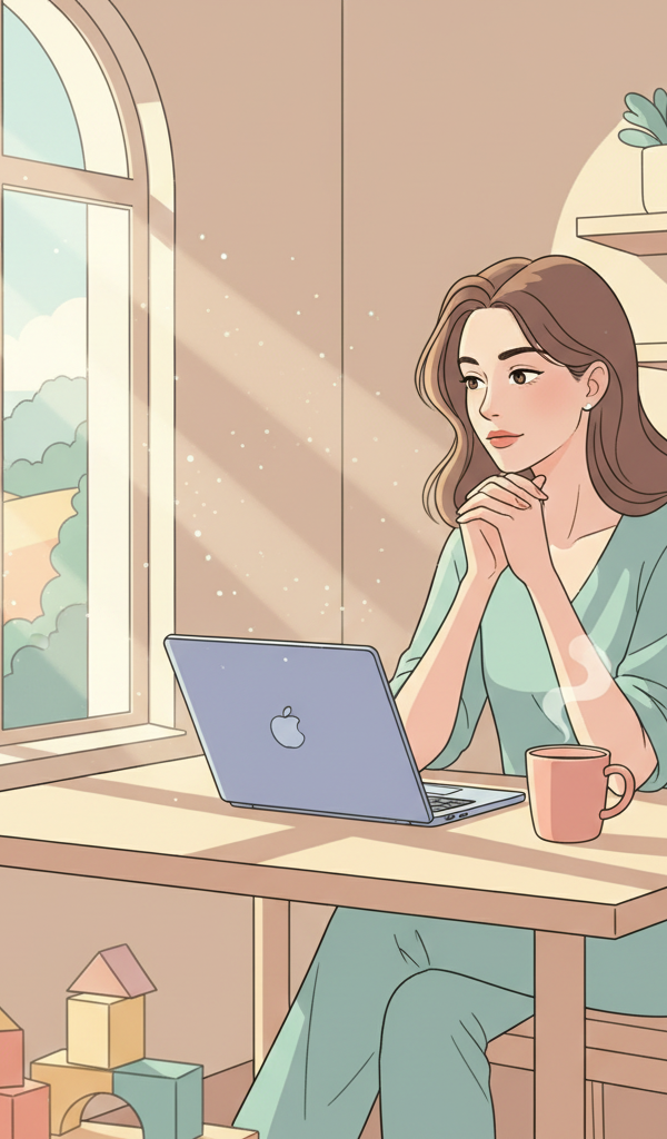 A visibly tired but determined woman, possibly a mother, sipping coffee while looking at a laptop with a child's toy subtly in the foreground, signifying the juggle of work and family life, in soft morning light.